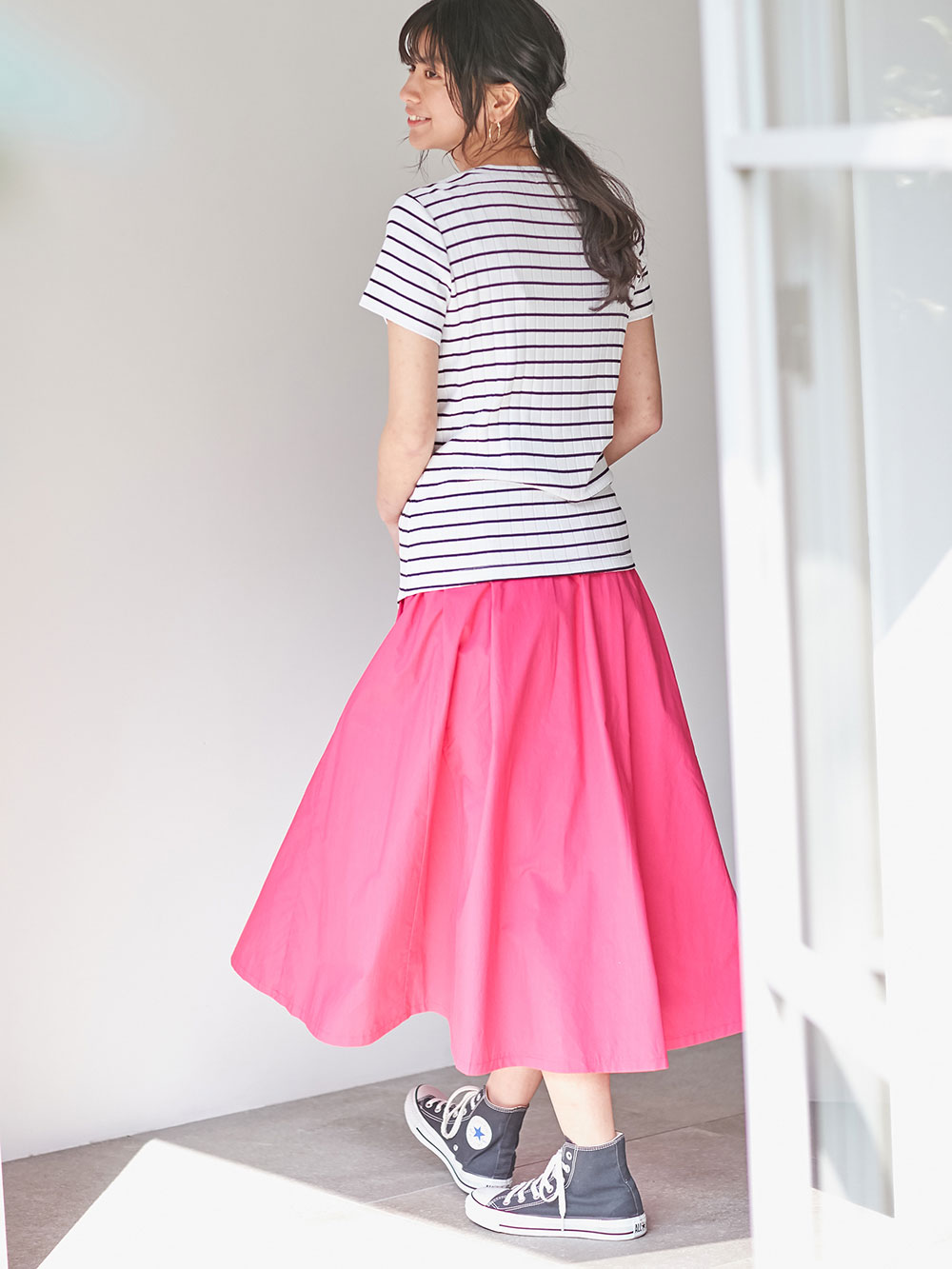 マタニティ スカート|【産前産後対応】タックフレアスカート【出産後も長く使える】|ピンク