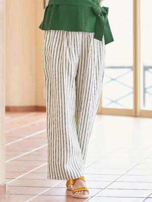 マタニティ パンツ|【産前産後対応】リネンストライプワイドパンツ【出産後も長く使える】|オフ×ネイビー