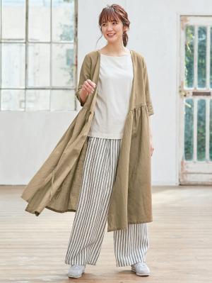 マタニティ パンツ|【産前産後対応】リネンストライプワイドパンツ【出産後も長く使える】|オフ×ネイビー