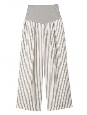 マタニティ パンツ|【産前産後対応】リネンストライプワイドパンツ【出産後も長く使える】|オフ×ネイビー