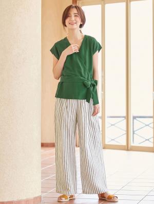 マタニティ パンツ|【産前産後対応】リネンストライプワイドパンツ【出産後も長く使える】|オフ×ネイビー