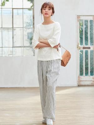 マタニティ パンツ|【産前産後対応】リネンストライプワイドパンツ【出産後も長く使える】|オフ×ネイビー