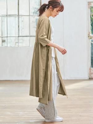 マタニティ パンツ|【産前産後対応】リネンストライプワイドパンツ【出産後も長く使える】|オフ×ネイビー