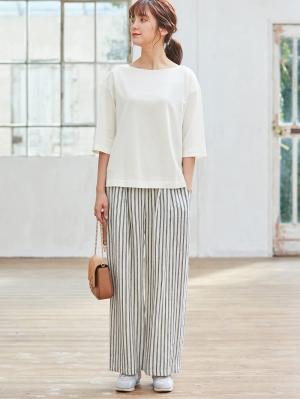 マタニティ パンツ|【産前産後対応】リネンストライプワイドパンツ【出産後も長く使える】|オフ×ネイビー