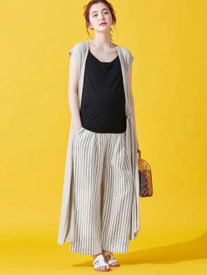 マタニティ パンツ|【産前産後対応】リネンストライプワイドパンツ【出産後も長く使える】|オフ×ネイビー