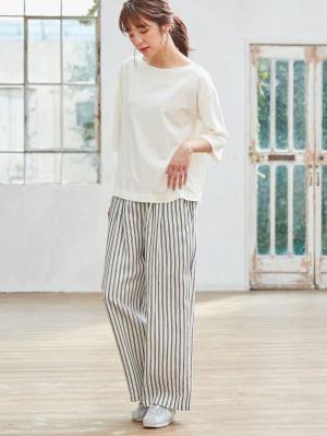 マタニティ パンツ|【産前産後対応】リネンストライプワイドパンツ【出産後も長く使える】|オフ×ネイビー