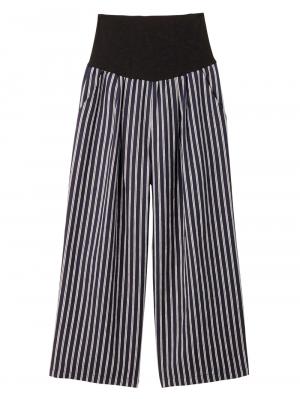 マタニティ パンツ|【産前産後対応】リネンストライプワイドパンツ【出産後も長く使える】|ネイビー×オフ