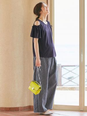 マタニティ パンツ|【産前産後対応】リネンストライプワイドパンツ【出産後も長く使える】|ネイビー×オフ