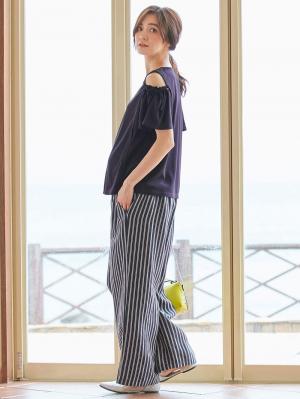 マタニティ パンツ|【産前産後対応】リネンストライプワイドパンツ【出産後も長く使える】|ネイビー×オフ