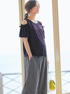 マタニティ パンツ|【産前産後対応】リネンストライプワイドパンツ【出産後も長く使える】|ネイビー×オフ