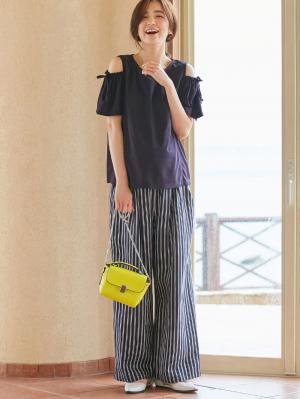 産前産後対応】リネンストライプワイドパンツ【出産後も長く