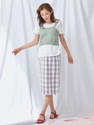マタニティ スカート|【産前産後対応】ギンガムチェックタイトスカート【出産後も長く使える】|ラベンダー×オフ