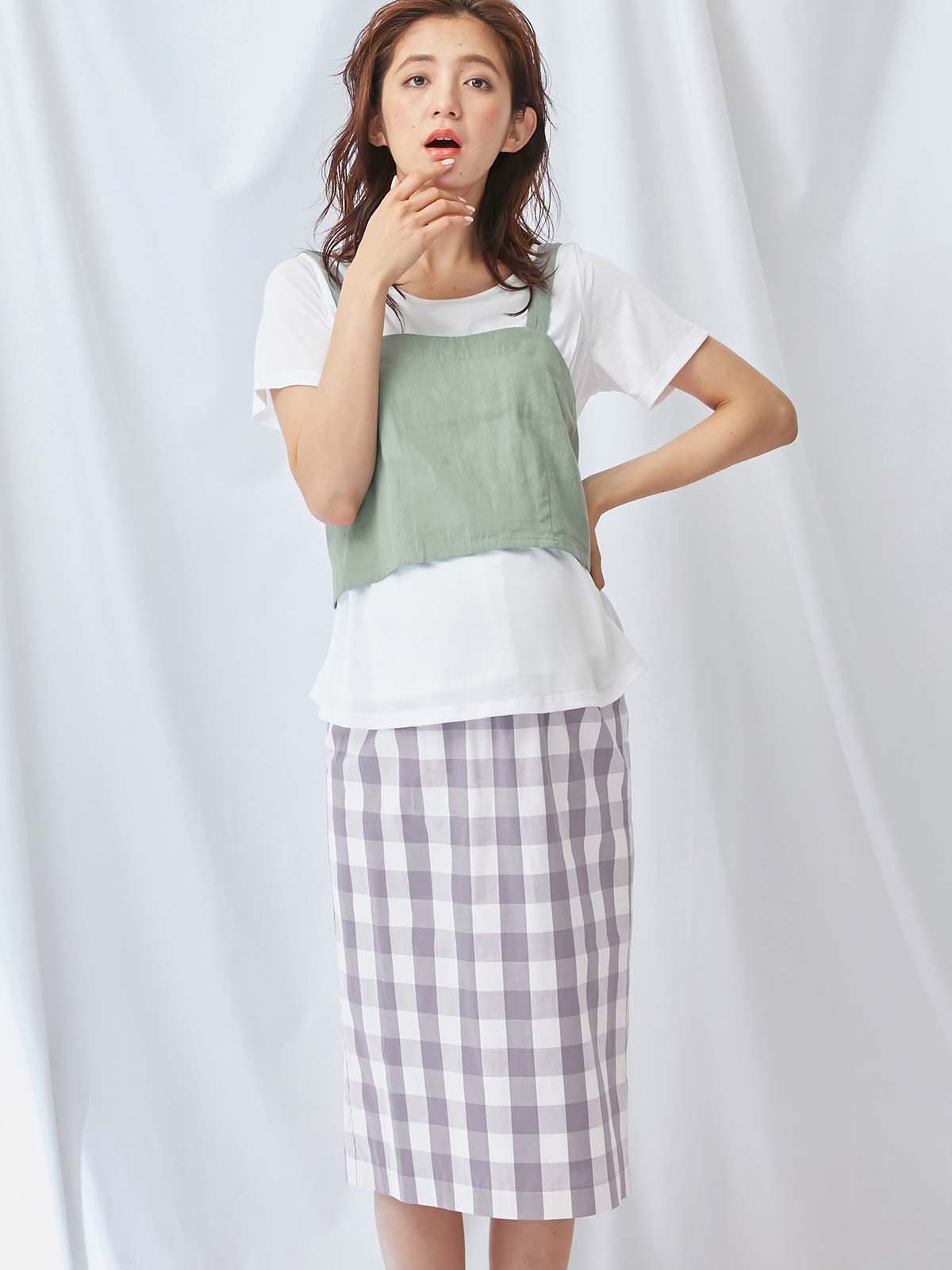 マタニティ スカート|【産前産後対応】ギンガムチェックタイトスカート【出産後も長く使える】|ラベンダー×オフ