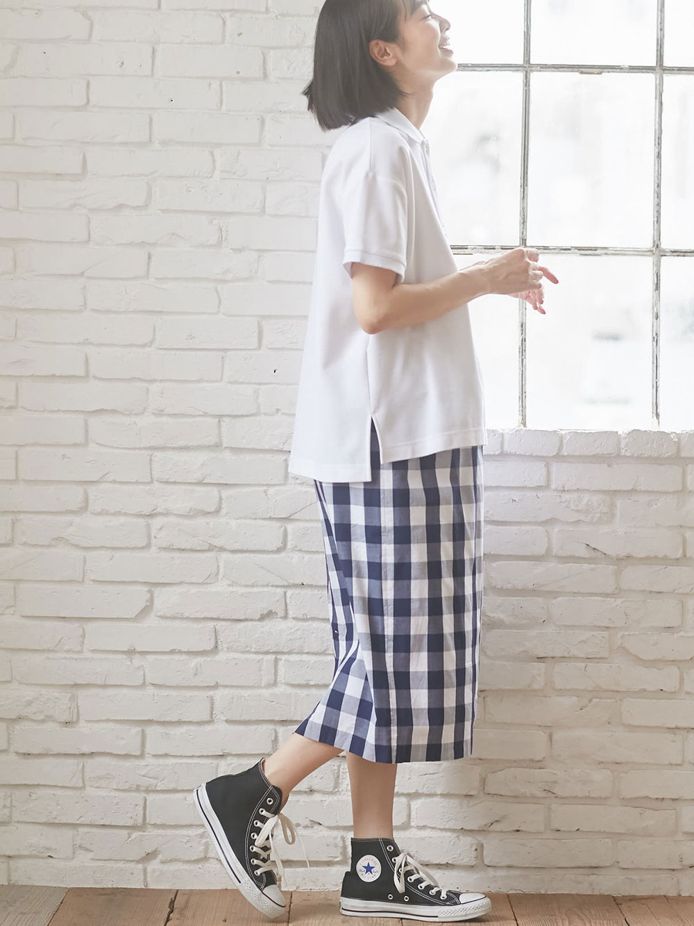 マタニティ スカート|【産前産後対応】ギンガムチェックタイトスカート【出産後も長く使える】|ネイビー×オフ