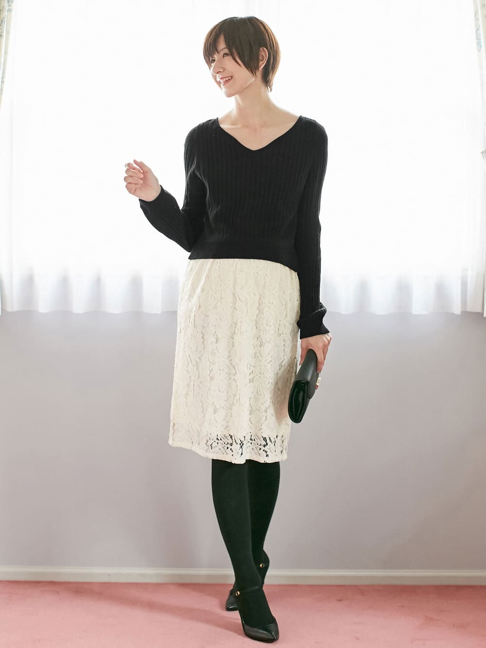 マタニティ ワンピース Love Mic 授乳口付 12ゲージアクリルニット リバーレースワンピース マタニティウェア 授乳服通販 エンジェリーベ 公式