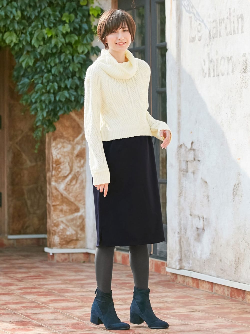 マタニティ ワンピース|LOVE MIC（ラブミック）5ゲージバスケット編みニット×エステルツイルワンピース　マタニティ・授乳服|ネイビー