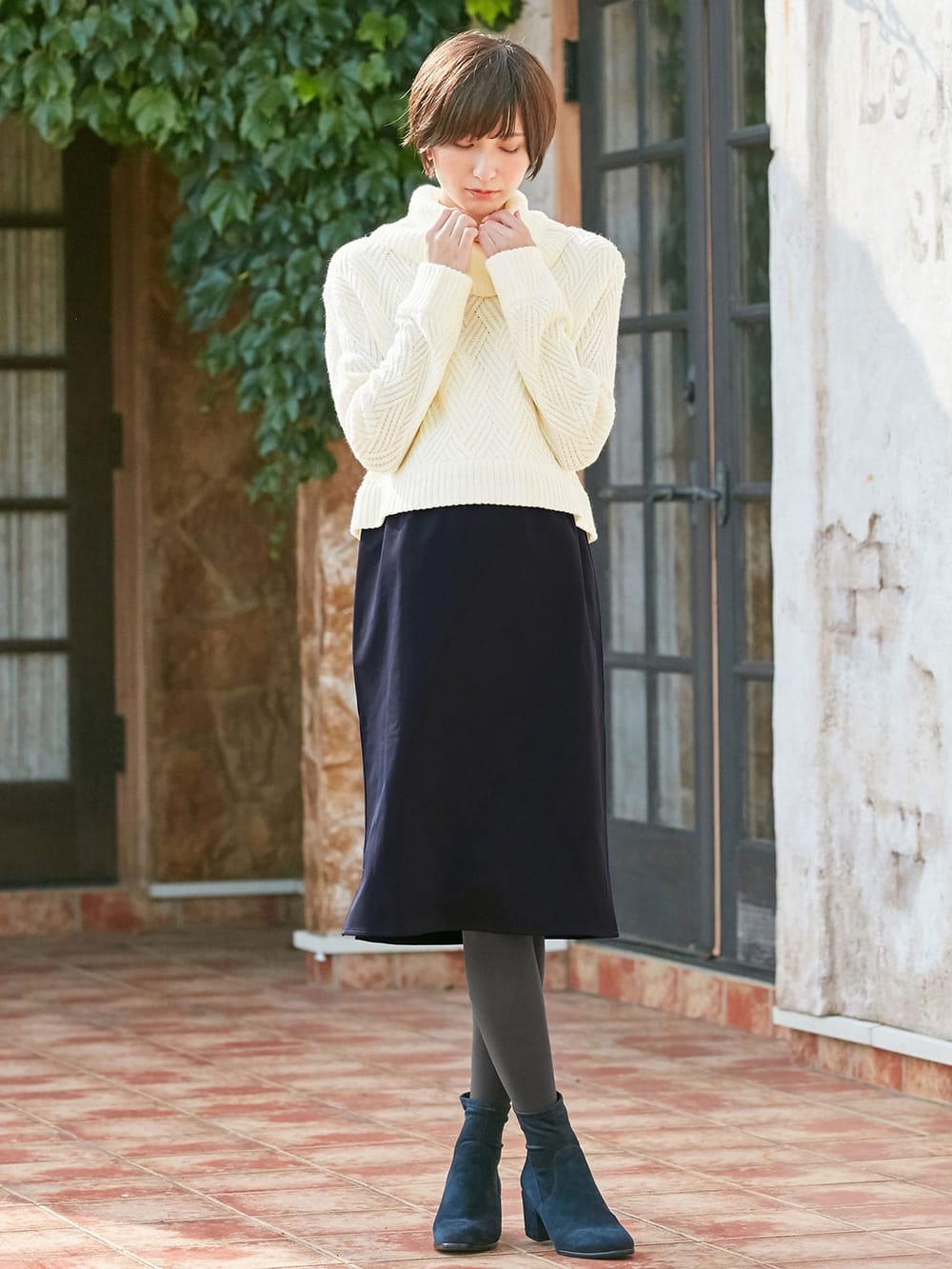 マタニティ ワンピース|LOVE MIC（ラブミック）5ゲージバスケット編みニット×エステルツイルワンピース　マタニティ・授乳服|ネイビー