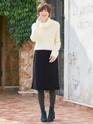 マタニティ ワンピース|LOVE MIC（ラブミック）5ゲージバスケット編みニット×エステルツイルワンピース　マタニティ・授乳服|ネイビー