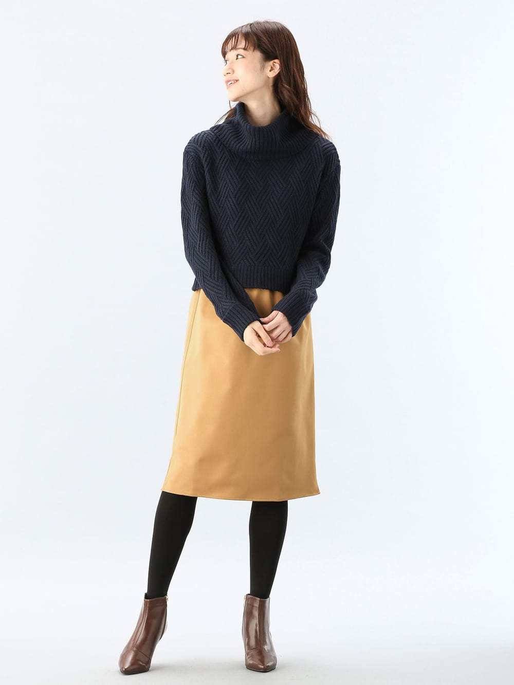 マタニティ ワンピース|LOVE MIC（ラブミック）5ゲージバスケット編みニット×エステルツイルワンピース　マタニティ・授乳服|ネイビー