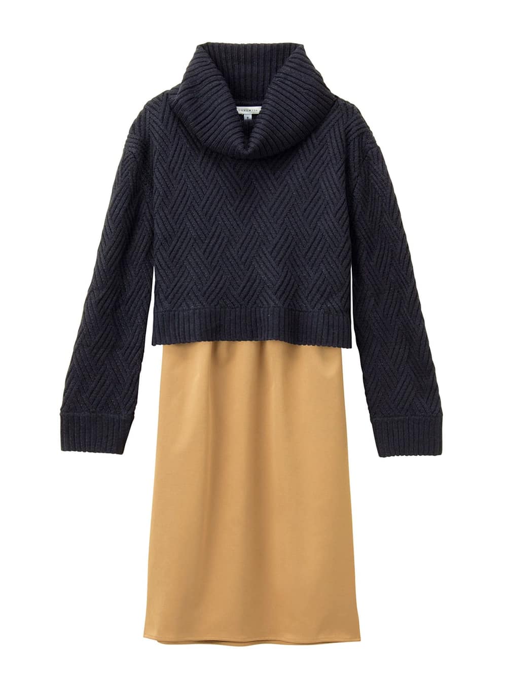 マタニティ ワンピース|LOVE MIC（ラブミック）5ゲージバスケット編みニット×エステルツイルワンピース　マタニティ・授乳服|ネイビー