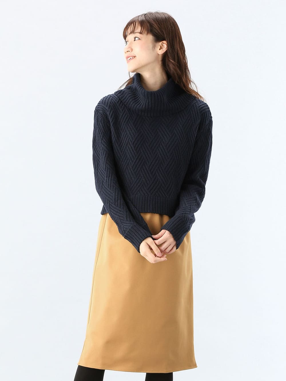 マタニティ ワンピース|LOVE MIC（ラブミック）5ゲージバスケット編みニット×エステルツイルワンピース　マタニティ・授乳服|ネイビー