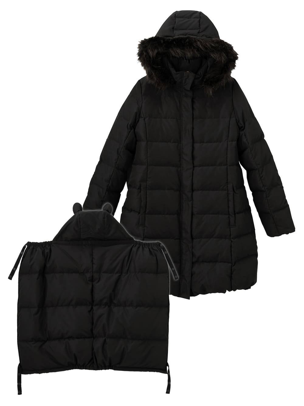 マタニティ アウター（コート）・ママコート|ain（アイン）【セット】マットタフタ　フード付きダウンママコート＆ ベビー ケープ|ブラック