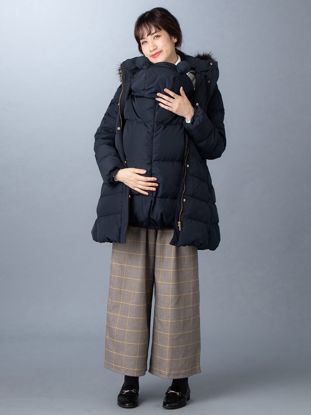 マタニティ アウター（コート）・ママコート|ain（アイン）【セット】マットタフタ　フード付きダウンママコート＆ ベビー ケープ