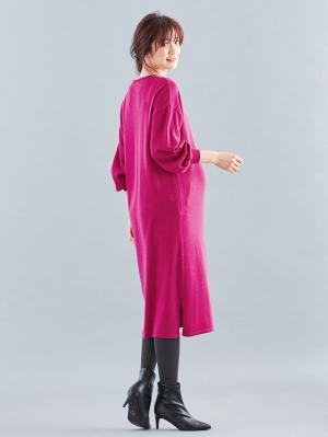 マタニティ ワンピース|ウール混なめらかニット Vネックパフスリーブロングワンピース マタニティ・授乳服