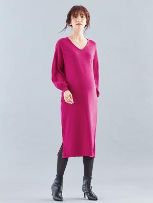 マタニティ ワンピース|ウール混なめらかニット Vネックパフスリーブロングワンピース マタニティ・授乳服