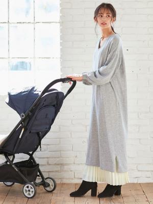 マタニティ ワンピース|ウール混なめらかニット Vネックパフスリーブロングワンピース マタニティ・授乳服