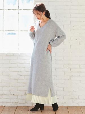 マタニティ ワンピース|ウール混なめらかニット Vネックパフスリーブロングワンピース マタニティ・授乳服