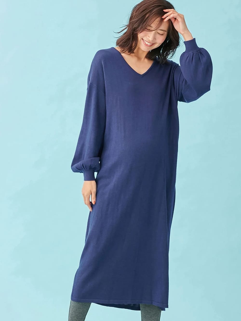 マタニティ ワンピース 授乳口付 ウール混なめらかニット ｖネックパフスリーブロングワンピース マタニティウェア 授乳服通販 エンジェリーベ 公式