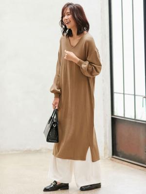マタニティ ワンピース|ウール混なめらかニット Vネックパフスリーブロングワンピース マタニティ・授乳服