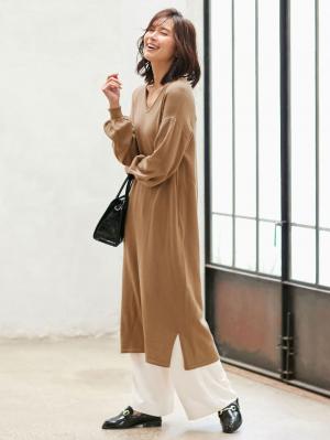 マタニティ ワンピース|ウール混なめらかニット Vネックパフスリーブロングワンピース マタニティ・授乳服