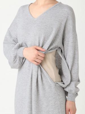 マタニティ ワンピース|ウール混なめらかニット Vネックパフスリーブロングワンピース マタニティ・授乳服