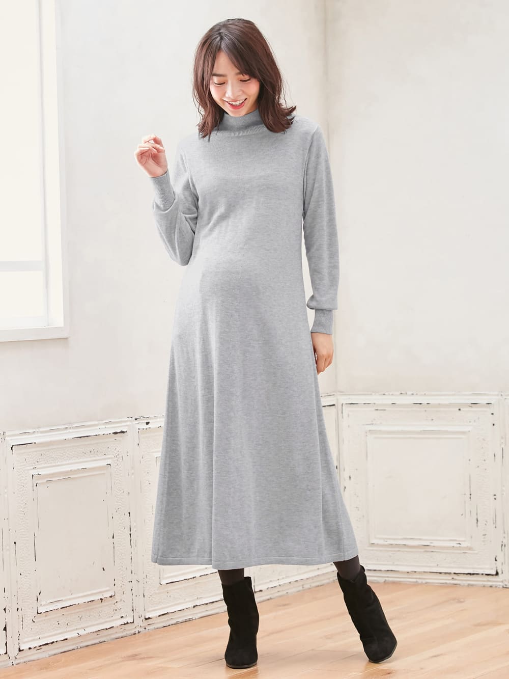 マタニティ ワンピース 授乳口付 ウール混なめらかニット ハイネックフレアマキシワンピース マタニティウェア 授乳服通販 エンジェリーベ 公式