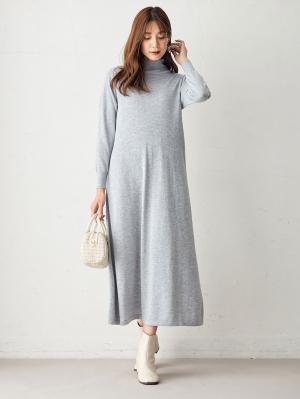 アウトレット|ウール混なめらかニット ハイネックフレアマキシワンピース マタニティ・授乳服