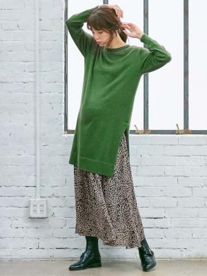 マタニティ トップス|ウール混なめらかニット サイドスリットロングクルーネック　マタニティ・授乳服|グリーン