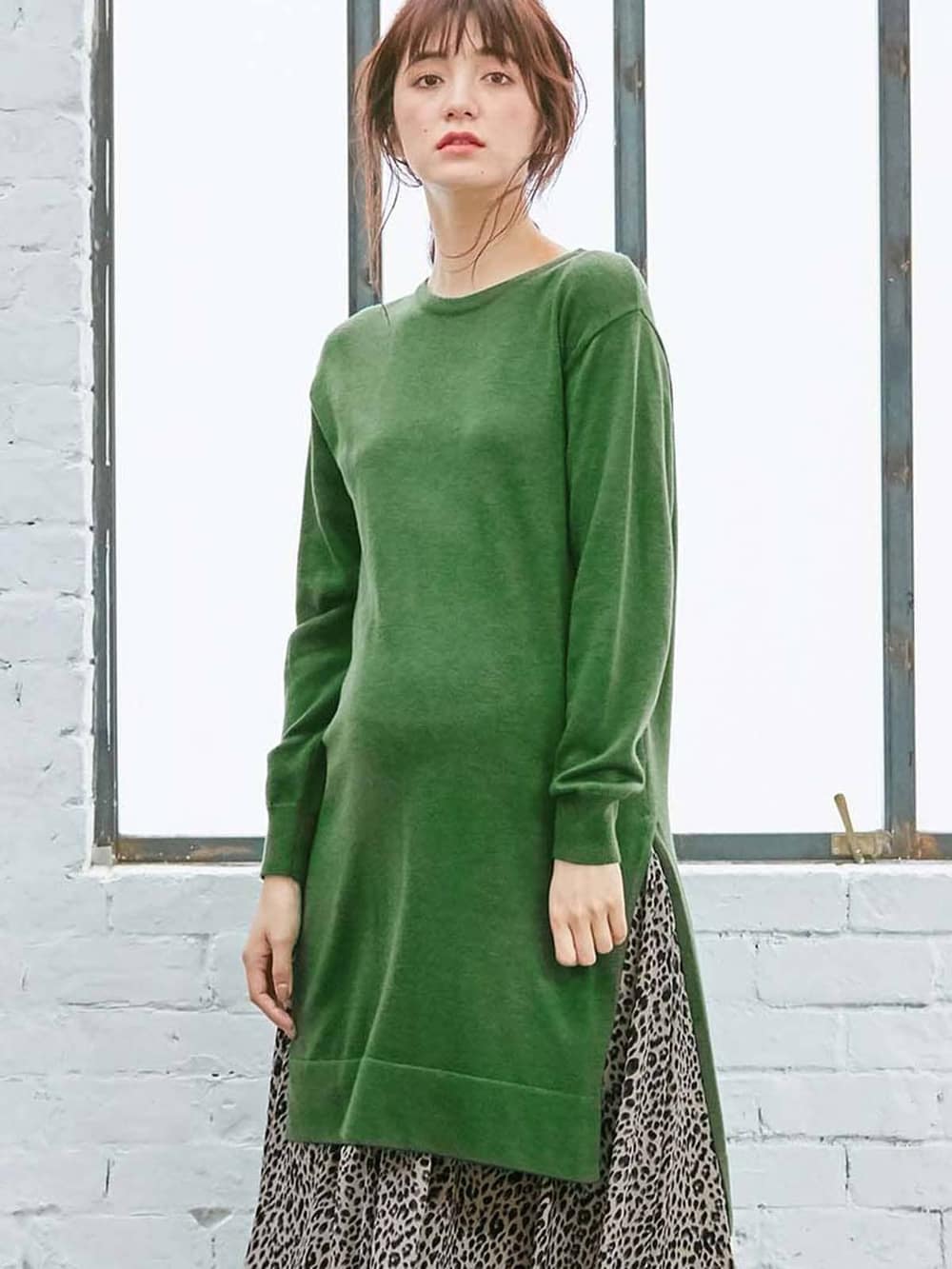 マタニティ トップス|ウール混なめらかニット サイドスリットロングクルーネック　マタニティ・授乳服|グリーン