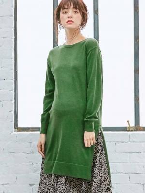 マタニティ トップス|ウール混なめらかニット サイドスリットロングクルーネック　マタニティ・授乳服|グリーン