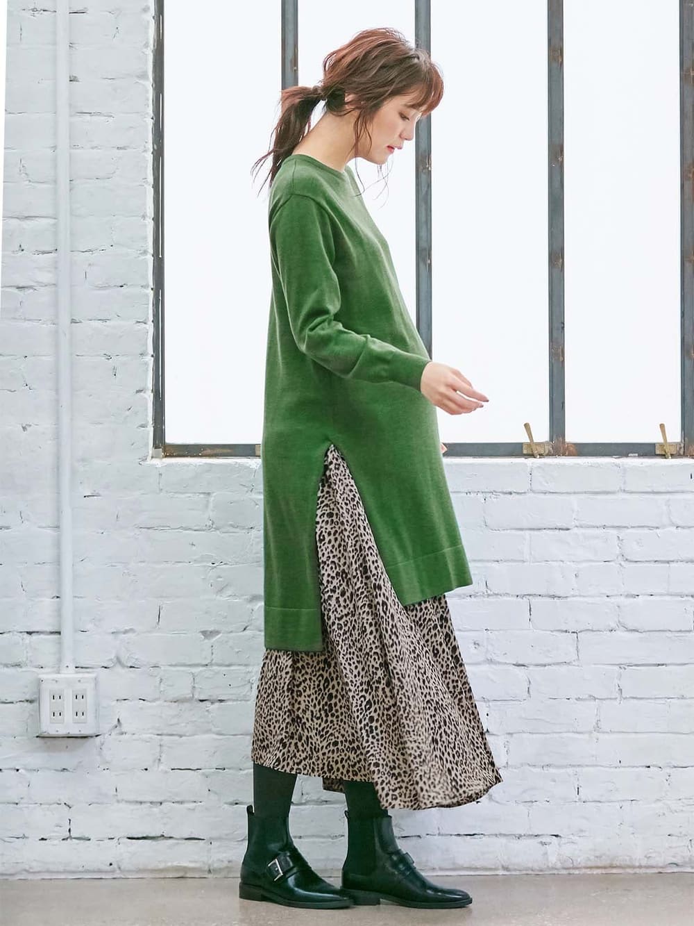 マタニティ トップス|ウール混なめらかニット サイドスリットロングクルーネック　マタニティ・授乳服|グリーン