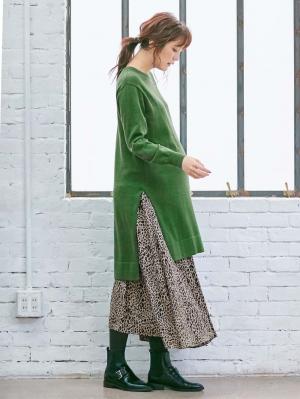 ウール混なめらかニット サイドスリットロングクルーネック　マタニティ・授乳服22854