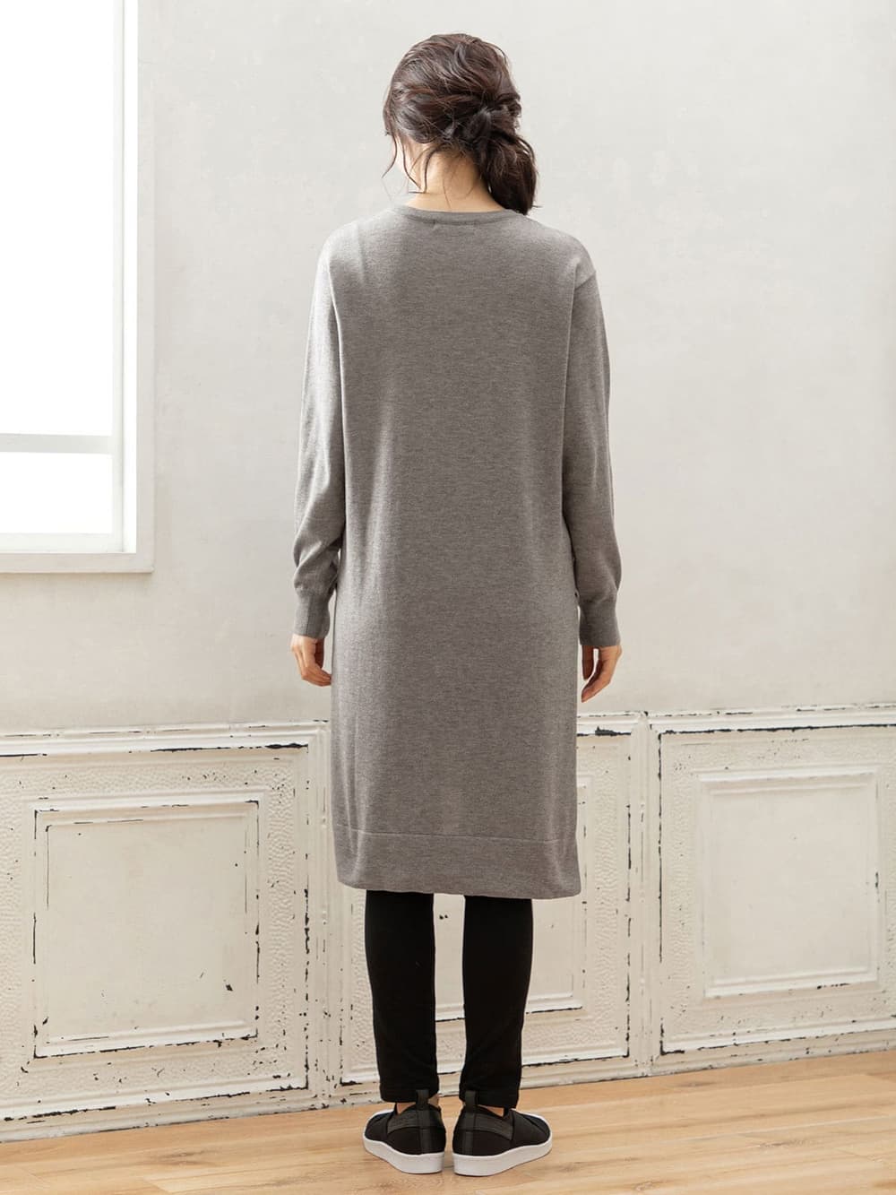 マタニティ トップス|ウール混なめらかニット サイドスリットロングクルーネック　マタニティ・授乳服