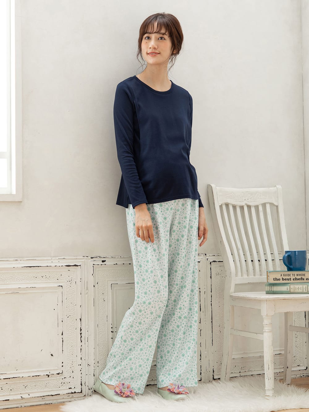 マタニティ パジャマ・ルームウェア|【授乳口付】スムーストップス＆花柄プリントパンツセットパジャマ|グリーン