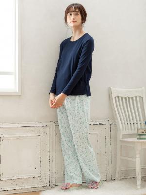 マタニティ パジャマ・ルームウェア|【授乳口付】スムーストップス＆花柄プリントパンツセットパジャマ|グリーン