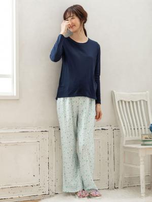 マタニティ パジャマ・ルームウェア|【授乳口付】スムーストップス＆花柄プリントパンツセットパジャマ|グリーン