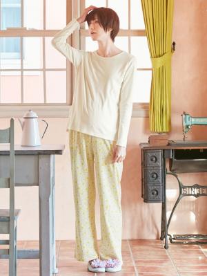 マタニティ パジャマ・ルームウェア|【授乳口付】スムーストップス＆花柄プリントパンツセットパジャマ|イエロー