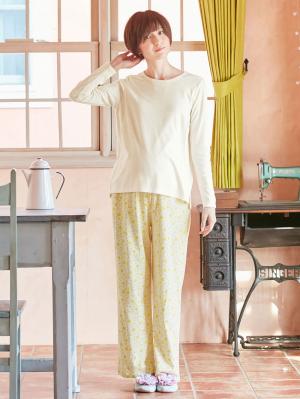 マタニティ パジャマ・ルームウェア|【授乳口付】スムーストップス＆花柄プリントパンツセットパジャマ|イエロー