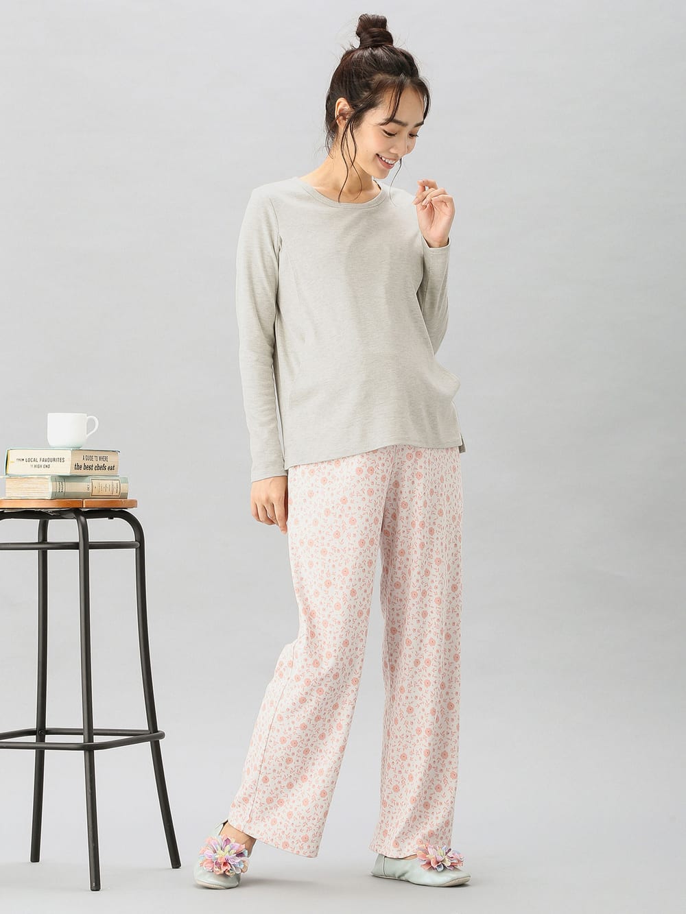 マタニティ パジャマ・ルームウェア|【授乳口付】スムーストップス＆花柄プリントパンツセットパジャマ|ピンク