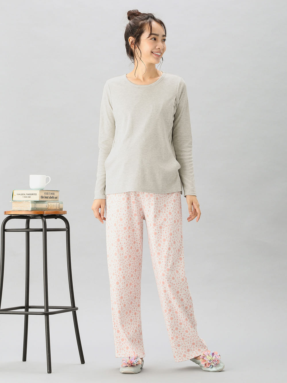 マタニティ パジャマ・ルームウェア|【授乳口付】スムーストップス＆花柄プリントパンツセットパジャマ|ピンク